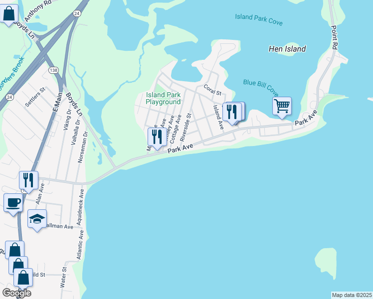 map of restaurants, bars, coffee shops, grocery stores, and more near 385 Park Avenue in Portsmouth