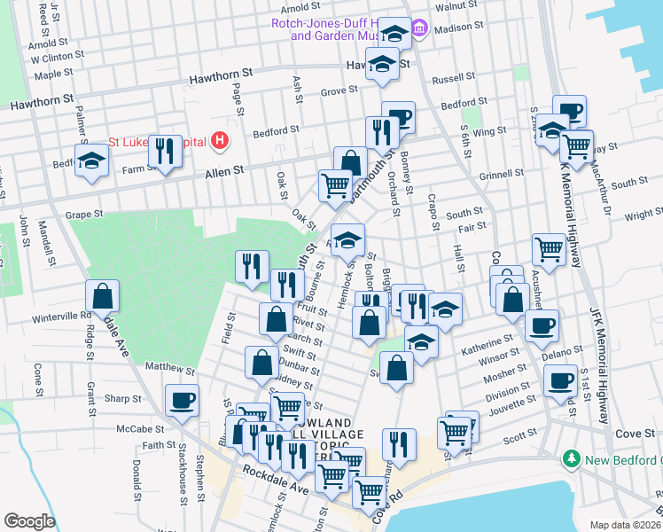 map of restaurants, bars, coffee shops, grocery stores, and more near 48 Bourne Street in New Bedford
