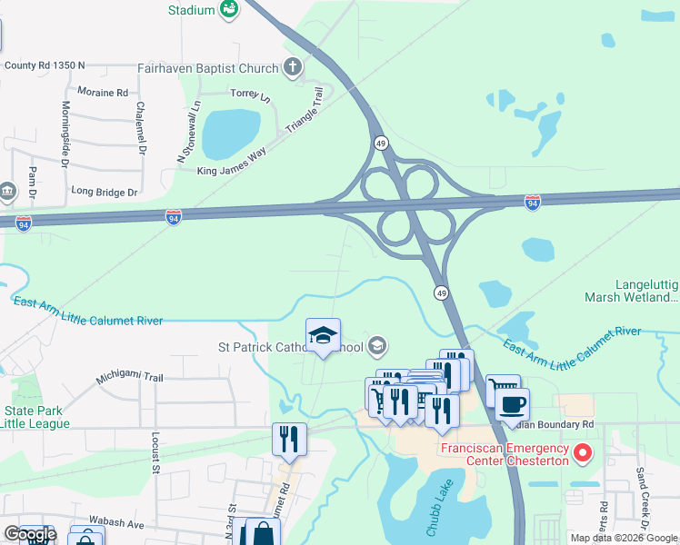 map of restaurants, bars, coffee shops, grocery stores, and more near 802 North Calumet Road in Chesterton