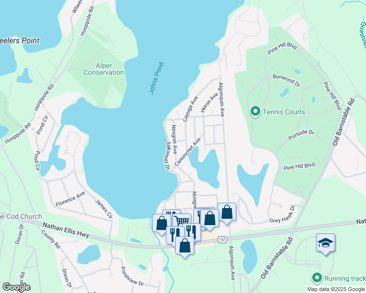 map of restaurants, bars, coffee shops, grocery stores, and more near 164 Ninigret Avenue in Mashpee