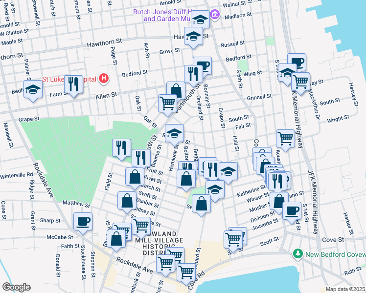map of restaurants, bars, coffee shops, grocery stores, and more near 51 Hemlock Street in New Bedford