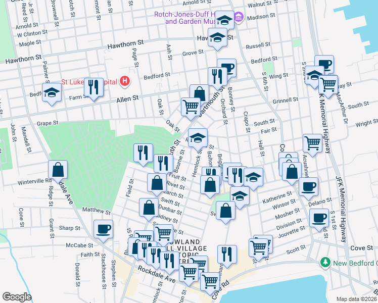 map of restaurants, bars, coffee shops, grocery stores, and more near 48 Bourne Street in New Bedford