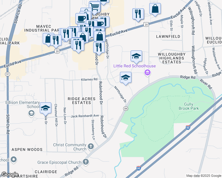 map of restaurants, bars, coffee shops, grocery stores, and more near 166 Northridge Drive in Willoughby