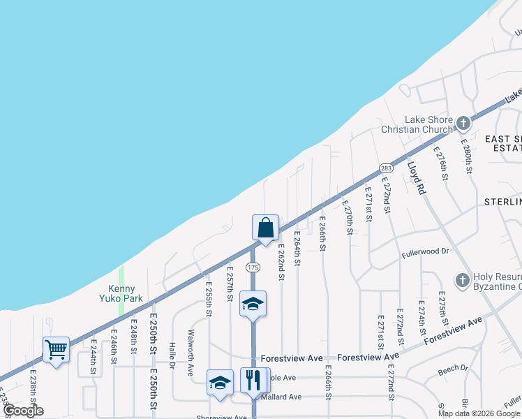 map of restaurants, bars, coffee shops, grocery stores, and more near 26011 Lakeshore Boulevard in Euclid