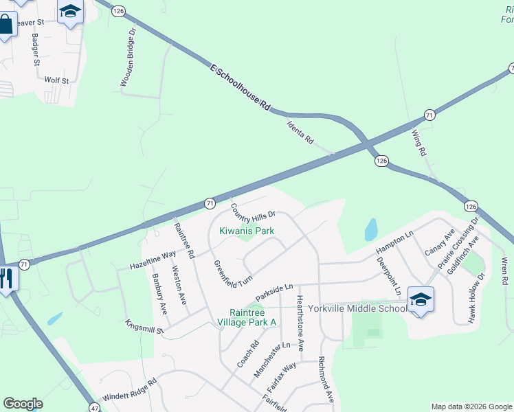 map of restaurants, bars, coffee shops, grocery stores, and more near 798 Clover Court in Yorkville