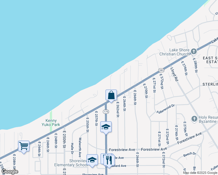 map of restaurants, bars, coffee shops, grocery stores, and more near 26011 Lakeshore Boulevard in Euclid