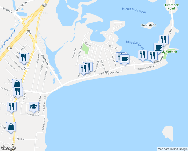 map of restaurants, bars, coffee shops, grocery stores, and more near 0 Riverside Street in Portsmouth