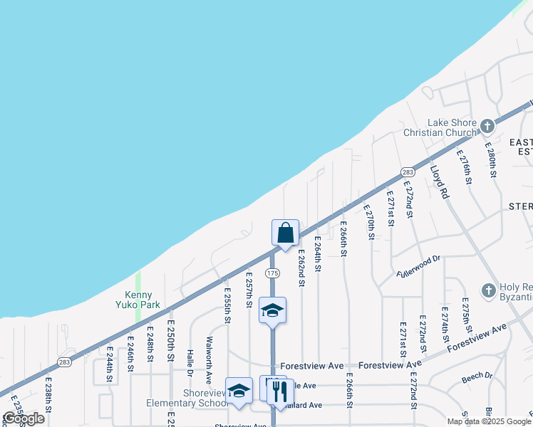 map of restaurants, bars, coffee shops, grocery stores, and more near 25801 Lakeshore Boulevard in Euclid