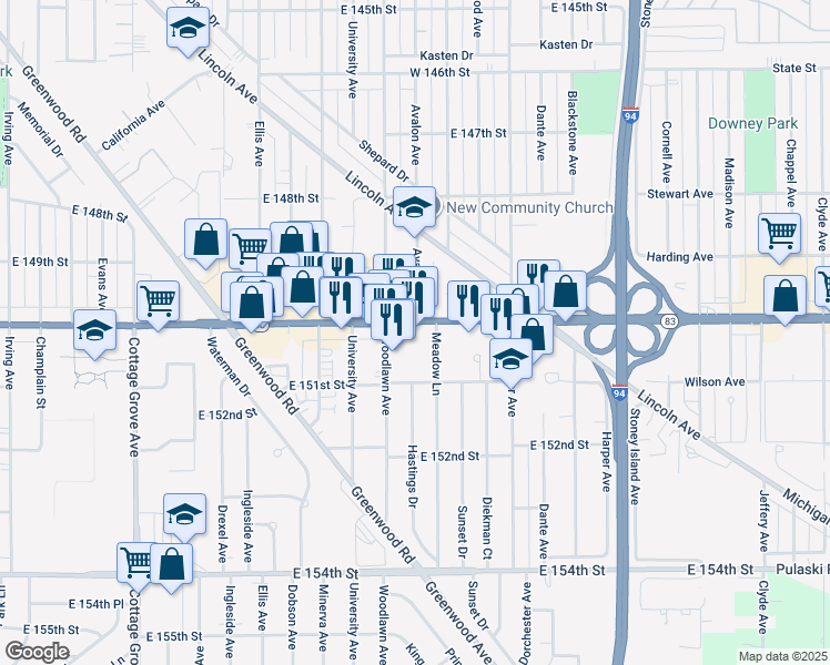 map of restaurants, bars, coffee shops, grocery stores, and more near 1235 E Sibley Boulevard in Dolton