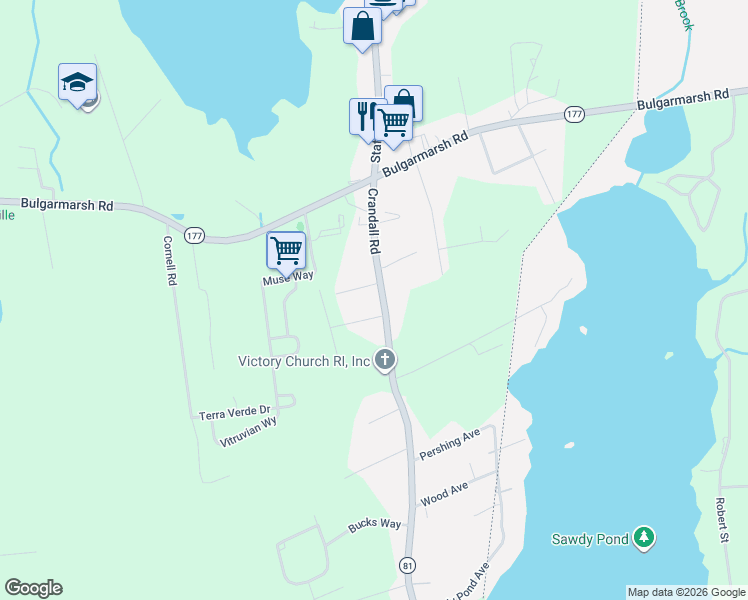 map of restaurants, bars, coffee shops, grocery stores, and more near 73 Crandall Road in Tiverton