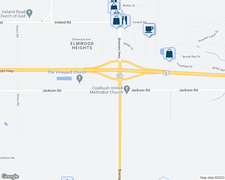 map of restaurants, bars, coffee shops, grocery stores, and more near 16089 Jackson Road in Mishawaka