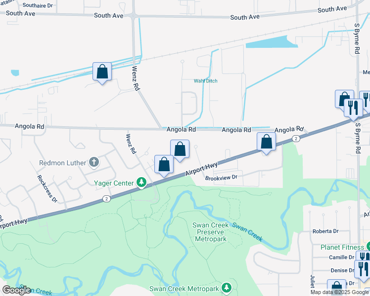map of restaurants, bars, coffee shops, grocery stores, and more near 1040 Brookview Drive in Toledo