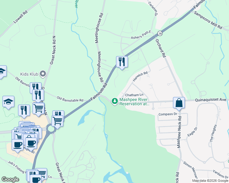 map of restaurants, bars, coffee shops, grocery stores, and more near 14 Brewster Road in Mashpee