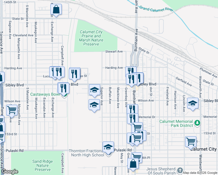 map of restaurants, bars, coffee shops, grocery stores, and more near 499 Buffalo Avenue in Calumet City