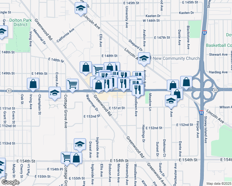 map of restaurants, bars, coffee shops, grocery stores, and more near 15012 Minerva Avenue in Dolton