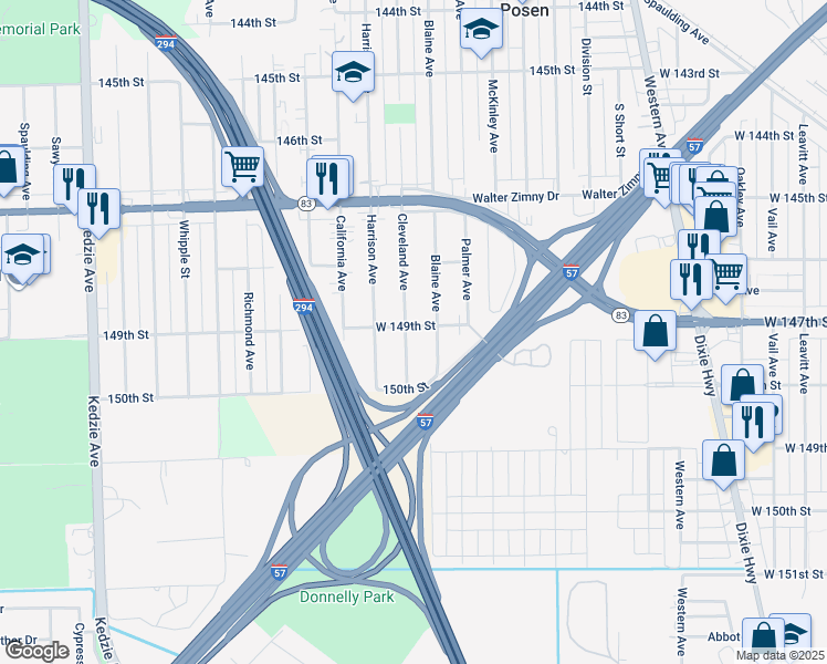 map of restaurants, bars, coffee shops, grocery stores, and more near 14901 Cleveland Avenue in Posen