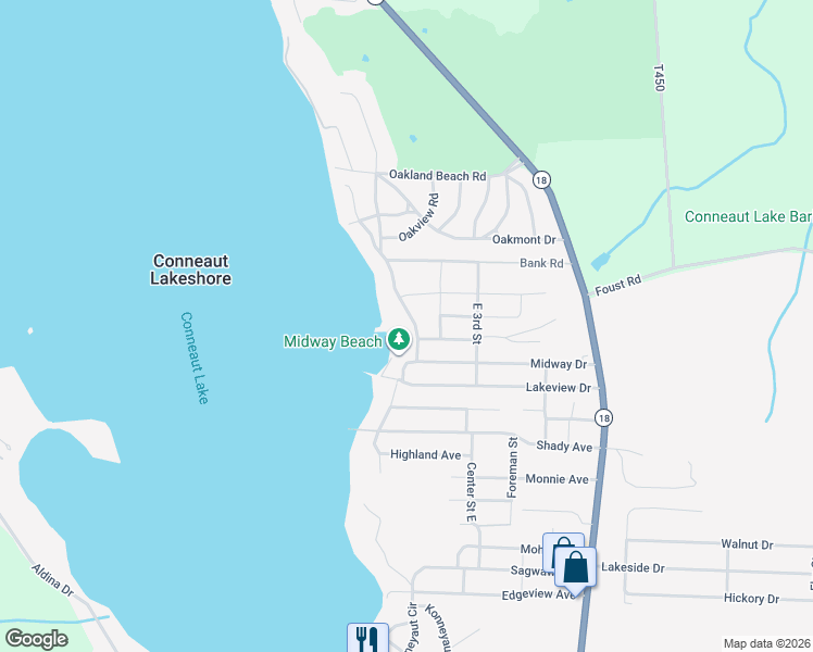map of restaurants, bars, coffee shops, grocery stores, and more near 11401 E 1st St in Conneaut Lake
