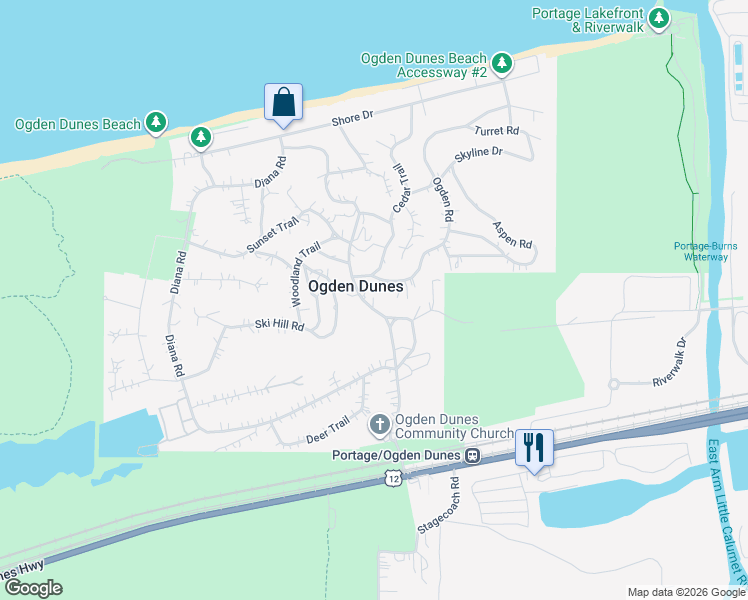 map of restaurants, bars, coffee shops, grocery stores, and more near 79 Hillcrest Road in Ogden Dunes