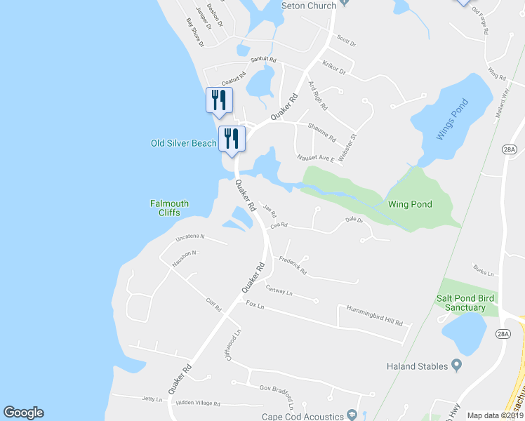 map of restaurants, bars, coffee shops, grocery stores, and more near 16 Jae Road in Falmouth