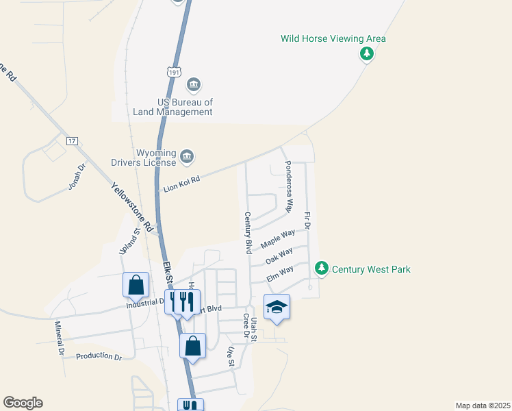 map of restaurants, bars, coffee shops, grocery stores, and more near 2160 Century Boulevard in Rock Springs