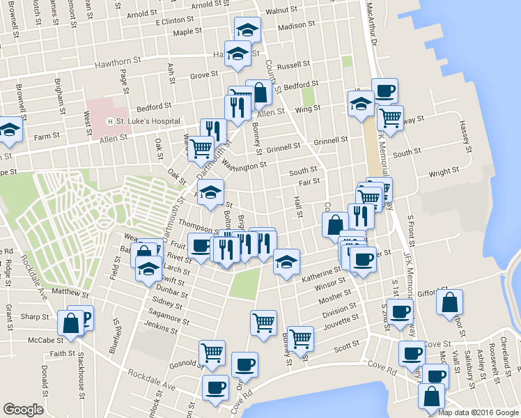 map of restaurants, bars, coffee shops, grocery stores, and more near 128 Rockland Street in New Bedford
