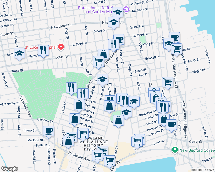 map of restaurants, bars, coffee shops, grocery stores, and more near 51 Hemlock Street in New Bedford