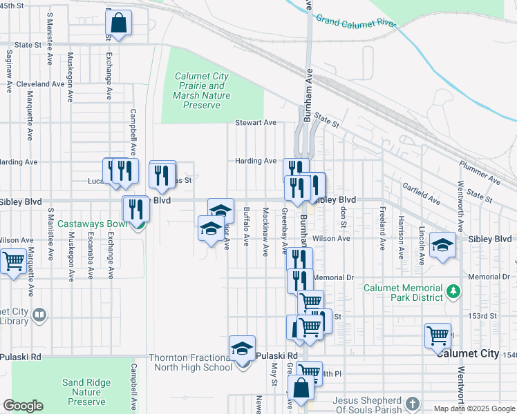 map of restaurants, bars, coffee shops, grocery stores, and more near 499 Buffalo Avenue in Calumet City