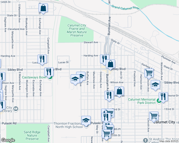 map of restaurants, bars, coffee shops, grocery stores, and more near 499 Buffalo Avenue in Calumet City