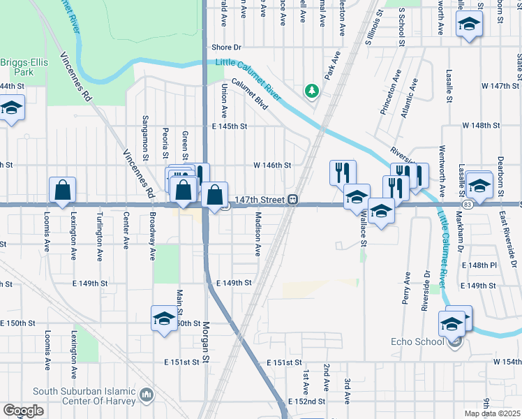 map of restaurants, bars, coffee shops, grocery stores, and more near 319 East 147th Place in Harvey