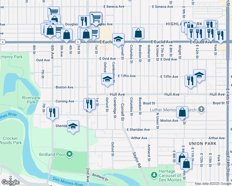map of restaurants, bars, coffee shops, grocery stores, and more near 2916 Cambridge Street in Des Moines