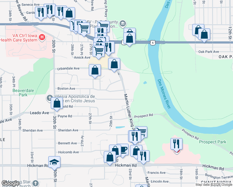 map of restaurants, bars, coffee shops, grocery stores, and more near 2329 Adams Avenue in Des Moines