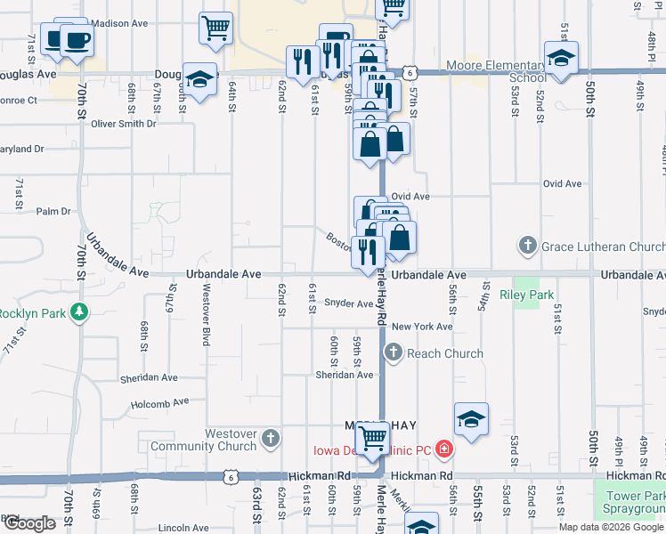 map of restaurants, bars, coffee shops, grocery stores, and more near 6036 Urbandale Avenue in Des Moines