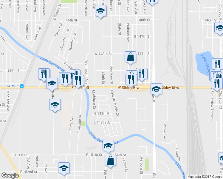 map of restaurants, bars, coffee shops, grocery stores, and more near 14730 E Riverside Dr in South Holland