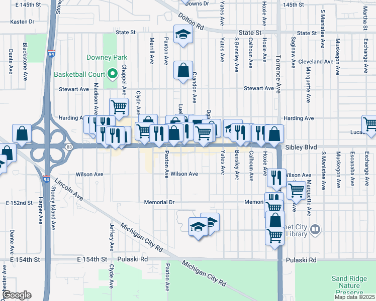 map of restaurants, bars, coffee shops, grocery stores, and more near 499 Luella Avenue in Calumet City