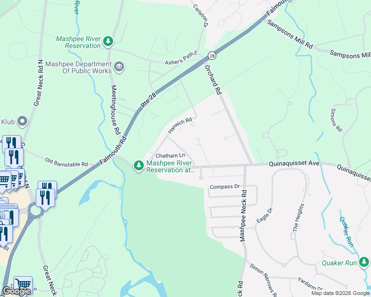 map of restaurants, bars, coffee shops, grocery stores, and more near 28 Chatham Lane in Mashpee