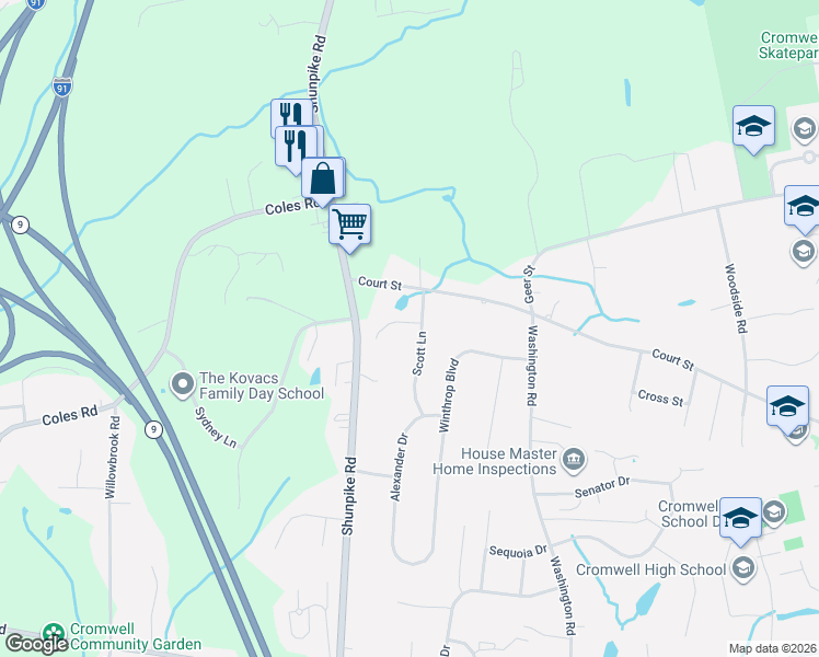 map of restaurants, bars, coffee shops, grocery stores, and more near 11 Scott Lane in Cromwell