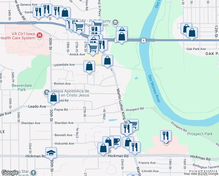 map of restaurants, bars, coffee shops, grocery stores, and more near 2329 Adams Avenue in Des Moines