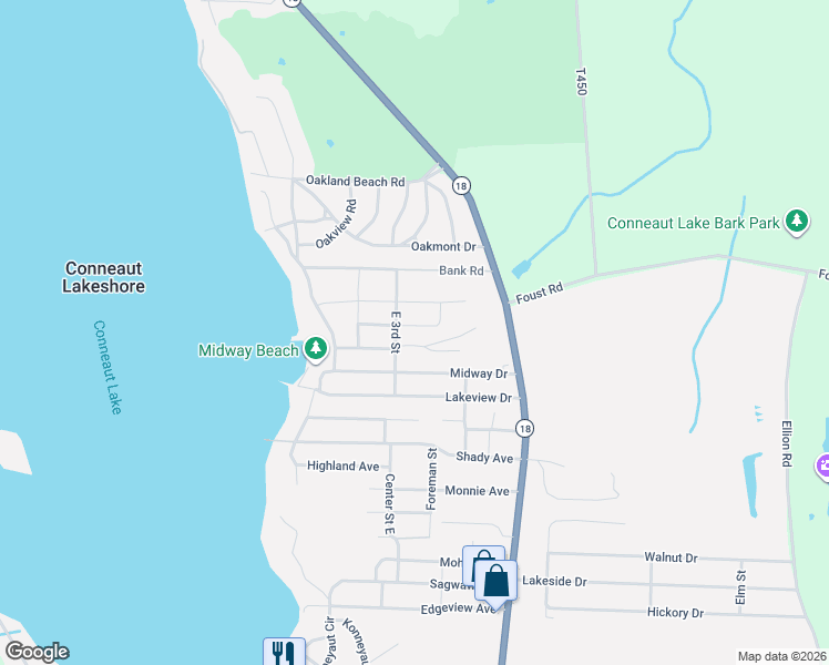 map of restaurants, bars, coffee shops, grocery stores, and more near 12060 Teifer Avenue in Conneaut Lake