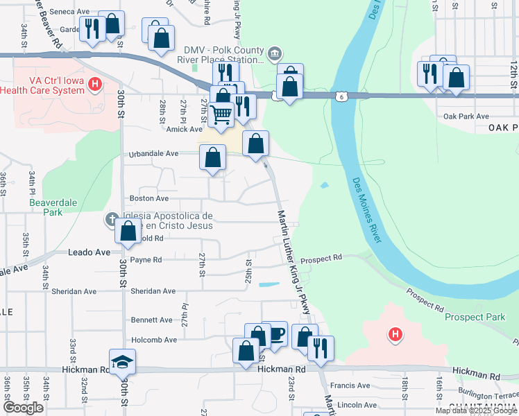 map of restaurants, bars, coffee shops, grocery stores, and more near 2329 Adams Avenue in Des Moines