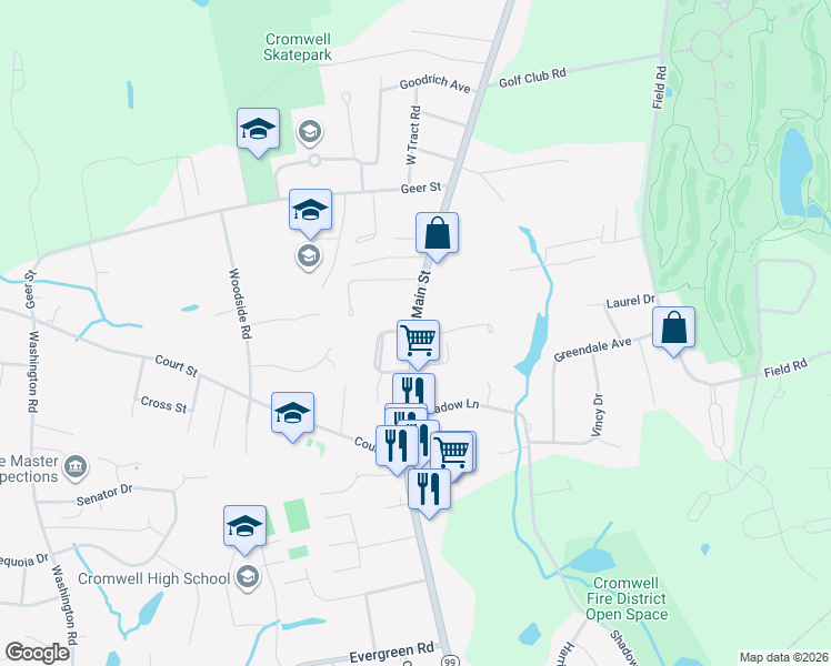 map of restaurants, bars, coffee shops, grocery stores, and more near Main Street & Park Place in Cromwell