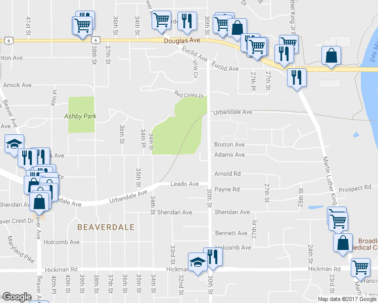 map of restaurants, bars, coffee shops, grocery stores, and more near 3002 30th Street in Des Moines