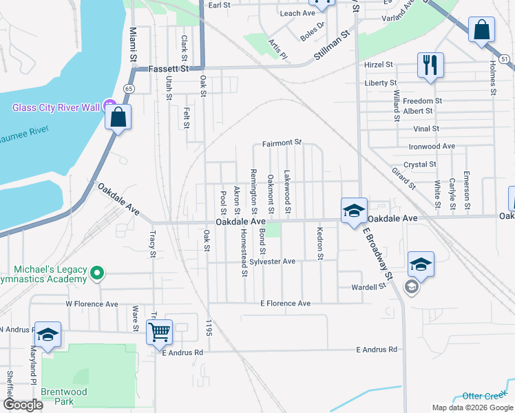 map of restaurants, bars, coffee shops, grocery stores, and more near 1551 Remington Street in Toledo