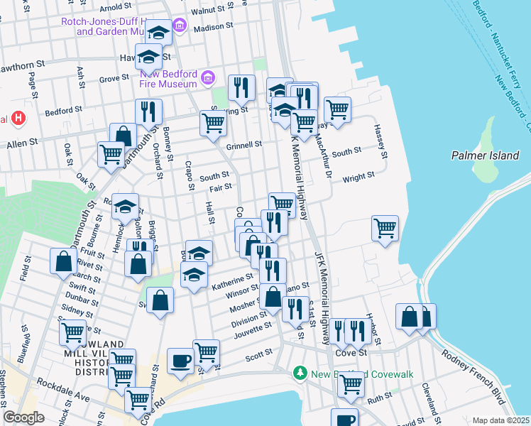 map of restaurants, bars, coffee shops, grocery stores, and more near 71 Acushnet Avenue in New Bedford