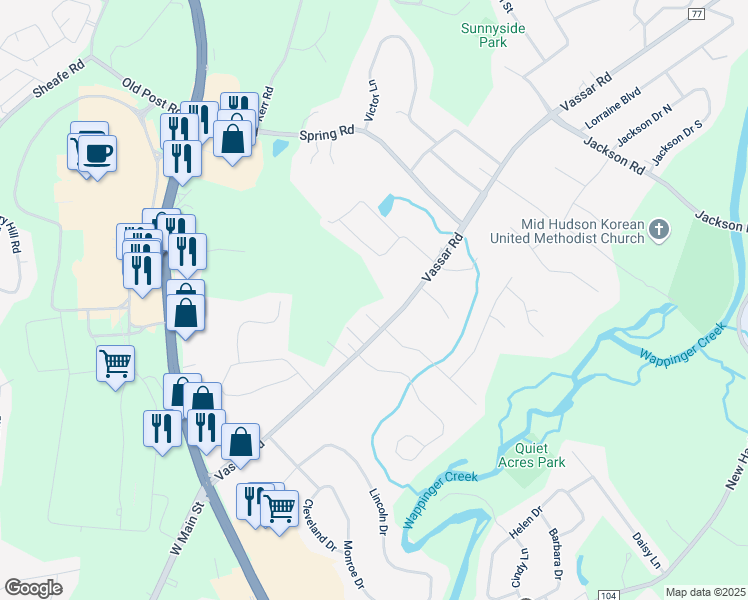 map of restaurants, bars, coffee shops, grocery stores, and more near 660 Vassar Road in Poughkeepsie