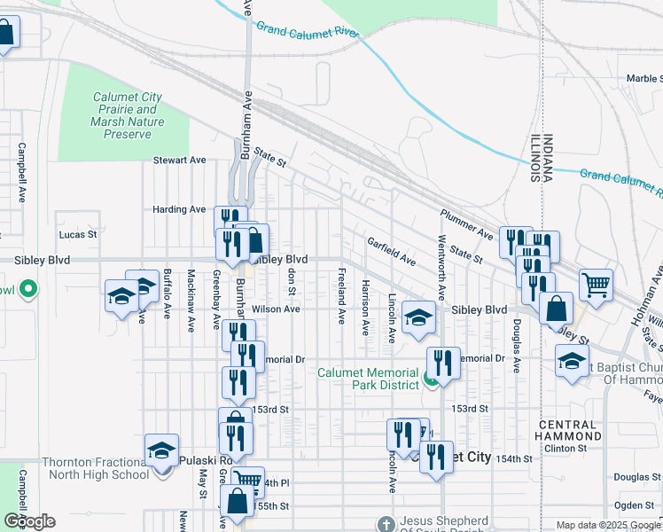 map of restaurants, bars, coffee shops, grocery stores, and more near 497 Gordon Avenue in Calumet City