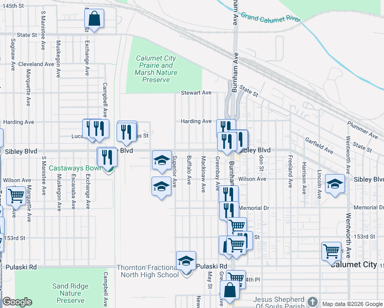 map of restaurants, bars, coffee shops, grocery stores, and more near 499 Buffalo Avenue in Calumet City