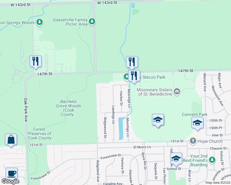 map of restaurants, bars, coffee shops, grocery stores, and more near 14838 Landings Lane in Oak Forest