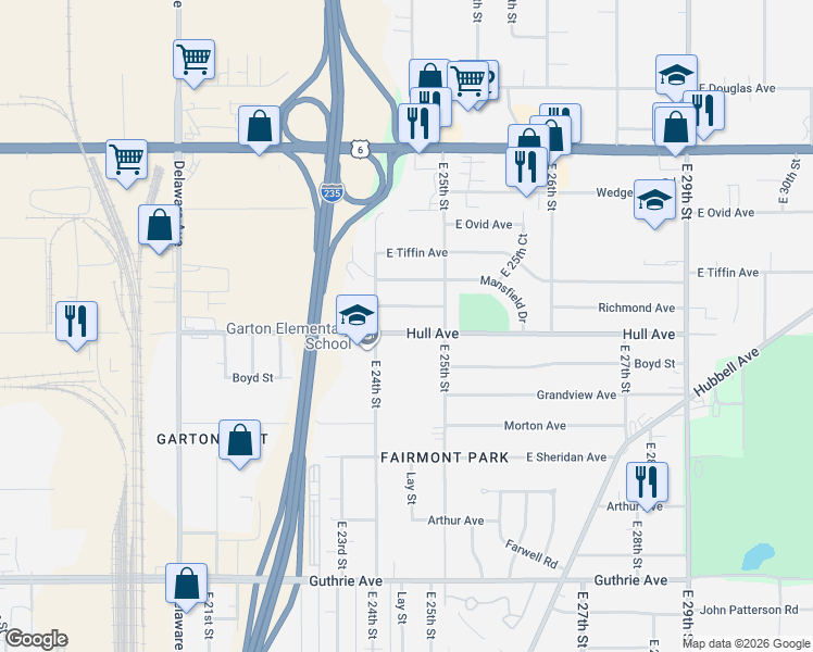 map of restaurants, bars, coffee shops, grocery stores, and more near 2407 Hull Avenue in Des Moines