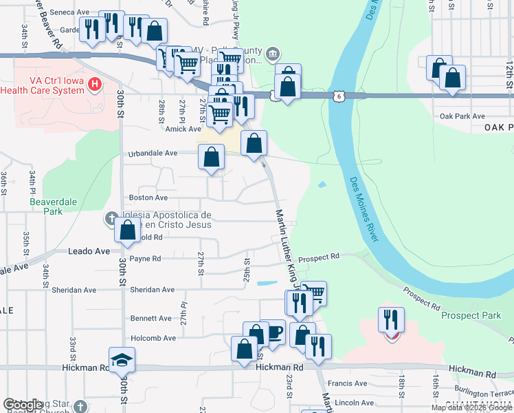 map of restaurants, bars, coffee shops, grocery stores, and more near 2329 Adams Avenue in Des Moines
