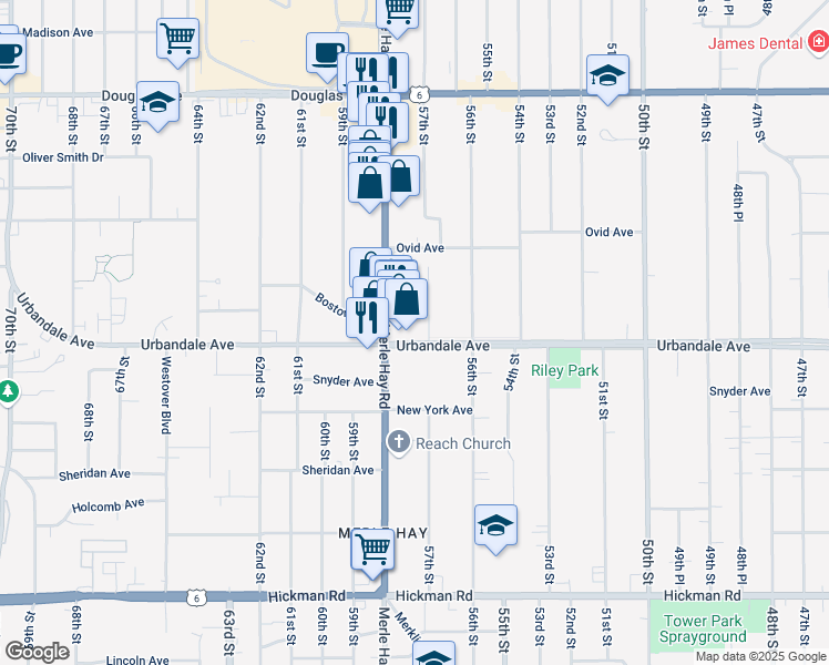 map of restaurants, bars, coffee shops, grocery stores, and more near 5700 Urbandale Avenue in Des Moines